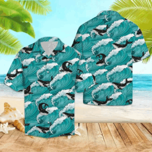 Amazing Black And White Whale Sea Waves Pattern Hawaiian Shirt