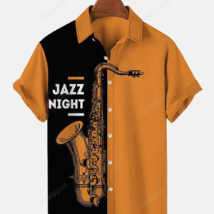Fashionable Jazz Musical Instrument Print Color Contrast Men’S Shirt