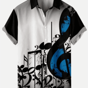 Men?s Music Note Color Block Casual Tribal Short Sleeve Hawaiian Shirt