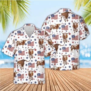 Tx Longhorn American Flag Pattern Hawaiian Shirt, funny cow hawaiian shirt, 4th of july hawaiian shirt