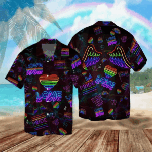 Neon Heart And Wings Rainbow Hawaiian Shirts For Men Women