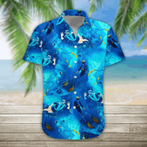 3D Freediving Hawaii Shirt, Hawaiian Shirts for Men Short Sleeve Aloha Beach Shirt