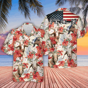 Goat Hibicus Floral Us Flag 3D Hawaiian Shirt, Summer aloha shirt Men and women