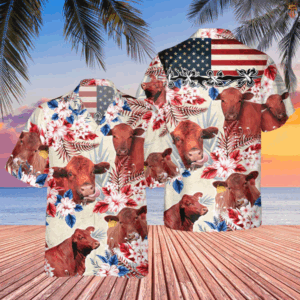 Red Angus Cattle American Flag Flowers Hawaiian Shirt, Farm Cow