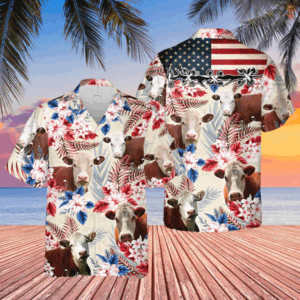 Hereford Cattle American Flag Flowers Hawaiian Shirt, Farm Cow