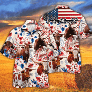 Tx Longhorn Cattle Lovers American Flag Hawaiian Shirt