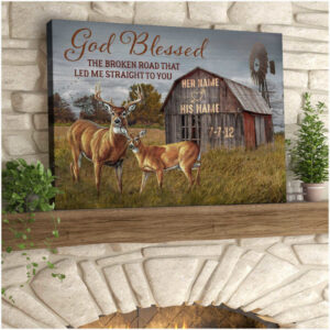 Personalized Deer Couple Wall Art, God blessed the broken road Wall Art Canvas for Husband and Wife