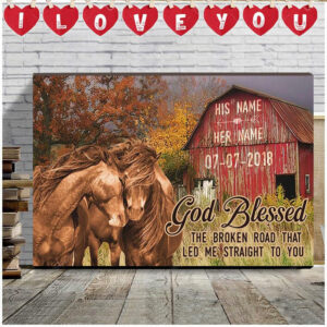 Horse Couple Farmhouse Wall Art, God blessed the broken road Canvas for Wife & Husband Birthday Gift