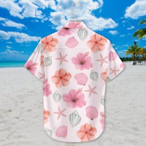 Hibiscus Hawaiian Shirt, Pink Starfish and Shell Print, Tropical Beach Outfit