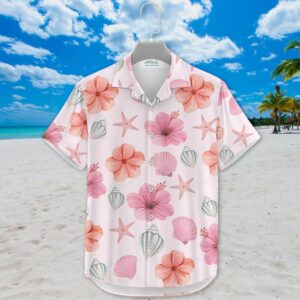 Hibiscus Hawaiian Shirt, Pink Starfish and Shell Print, Tropical Beach Outfit